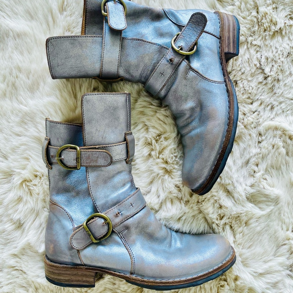 Fiorentini + Baker 713 Eternity 2-Buckle Distressed Leather Ankle Boots Metallic